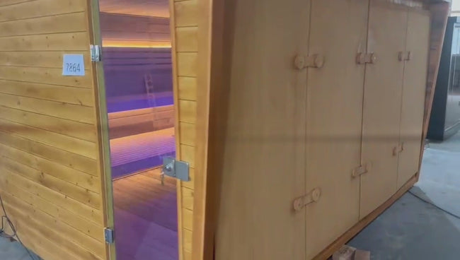Modern solid - wood cube - shaped sauna room. It can accommodate 6 - 8 people, is suitable for outdoor use, and is equipped with a computer control panel and relaxation functions. Hover Image