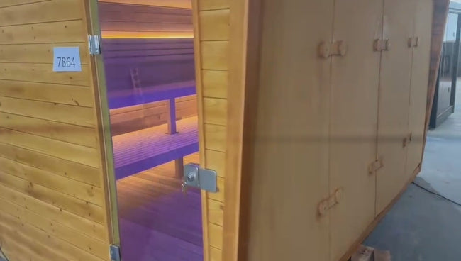 Luxury large - scale outdoor electric sauna with infrared treatment, featuring a modern design style. Made of far - infrared red cedar wood, free customization is available. Hover Image