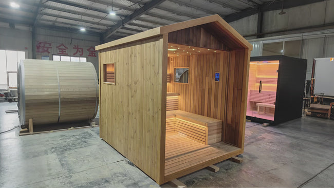 Custom - made modern - style solid - wood electric sauna with a pointed - roof design, suitable for villas. Hover Image
