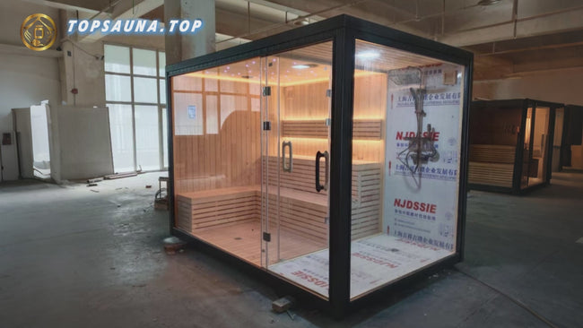 Outdoor solid - wood wet - steam square sauna room made of cedar sauna wood. It features a European - style design, an intelligent control panel, and is for home use. Hover Image