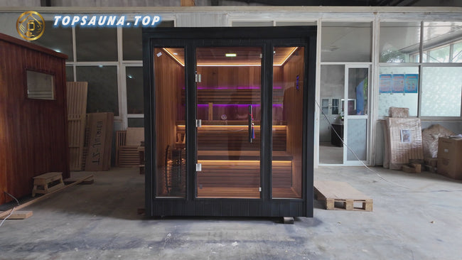 Traditional outdoor square intelligent sauna room. Outdoor sauna room and steam room, available for 2 - 4 people. Hover Image
