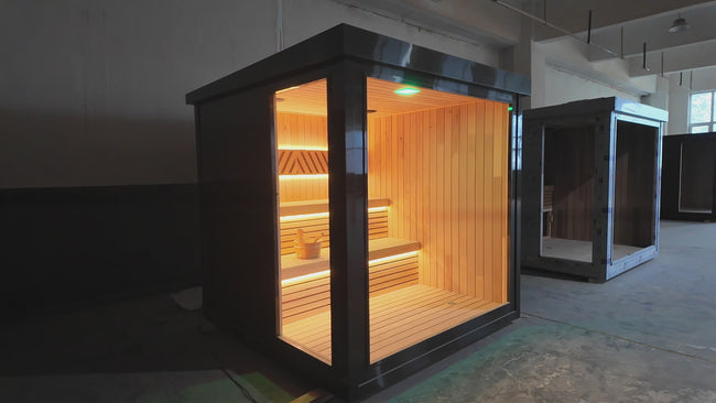 Luxury customized modern solid - wood electric - heated sauna. It's a square - shaped outdoor model, suitable for 4 - 6 people, designed for garden - based families, and equipped with computer - controlled functions. Hover Image