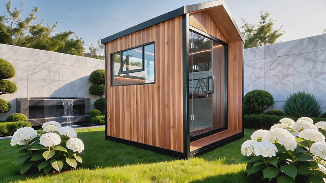 Custom - made pointed - roof electric - furnace sauna, a traditional electric - furnace constant - temperature sweat - steaming room, customized for outdoor courtyard use and controlled by a control panel. Hover Image