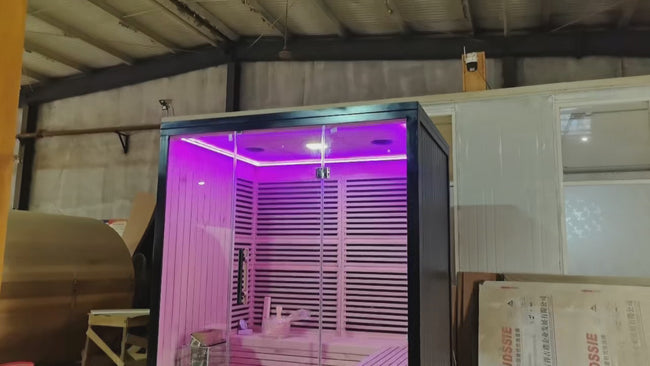 Modern - designed sauna with a computer - controlled panel, wet steam function, 3KW heating capacity. It is suitable for use in a home gym and can accommodate 2 - 3 people. Hover Image