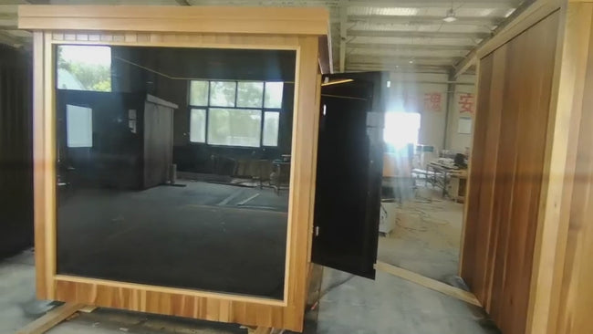 Custom - sized traditional outdoor square sauna room. Made of solid red cedar wood, it is suitable for 3 - 6 people to enjoy dry - steam sauna. Comes with accessories. Hover Image