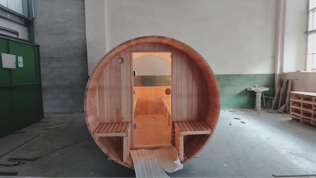 Popular outdoor traditional wooden steam barrel sauna stove made of Canadian redwood, suitable for 4 - 6 people, with a porch. Hover Image