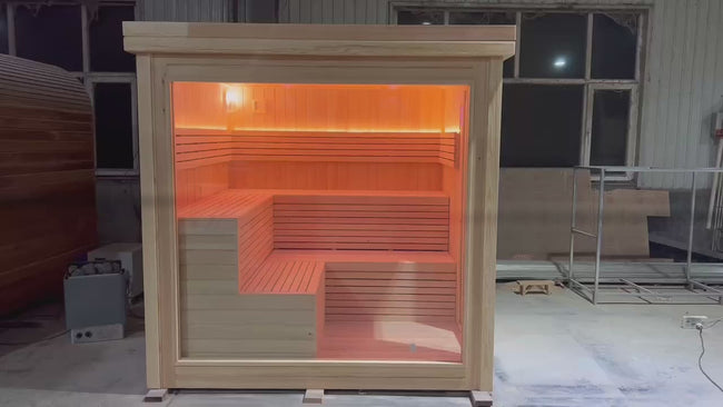 Modern electric solid - wood redwood outdoor square sauna room, suitable for 2 - 5 people, applicable to apartments and villas Hover Image