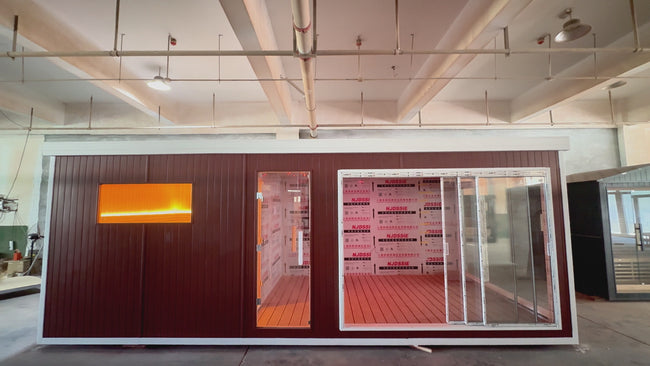 Custom - made large - scale modern solid - wood outdoor sauna, equipped with a computer control panel, suitable for use in villas or apartments. Hover Image