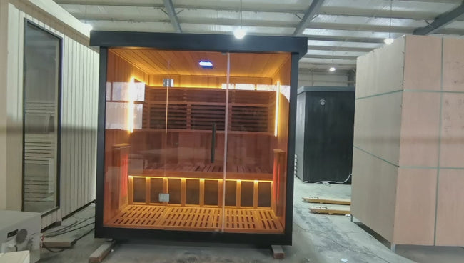 4 - 6 - person outdoor sauna heated by an electric furnace. It has a solid - wood square design and is suitable for use in gyms and villas. Hover Image