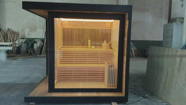 Customizable modern large - scale outdoor dry - steam sauna room. It is made of solid hemlock wood, has a capacity for 2 - 6 people, and is suitable for use in villa gardens. Hover Image