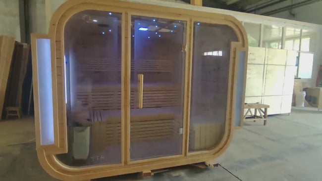 High - end Outdoor Sauna for Four People. It is a square - shaped, cube - structured sauna with a light box, representing a traditional outdoor sauna. Hover Image