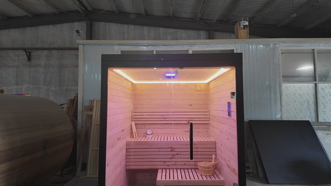 Luxury customized modern solid - wood electric - furnace - heated sauna. It's a square - shaped outdoor model suitable for 4 - 6 people, made of hemlock or red cedar, and equipped with computer - controlled functions. Hover Image