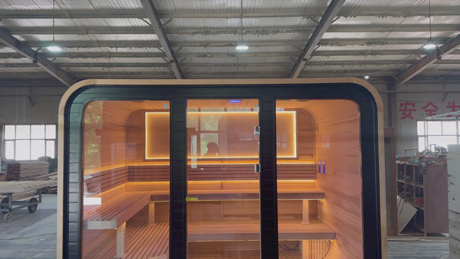 Modern minimalist outdoor fir cube - shaped sauna. It is heated by an electric furnace, easy to install, equipped with a computer control panel, and can accommodate 4 - 6 people. Hover Image