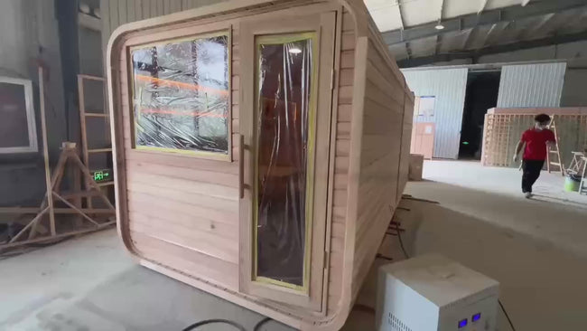 A modern - style 4 - person outdoor traditional sauna room, equipped with a wood - burning stove, a tea - making area, a sauna compartment, and comes with accessories. Hover Image