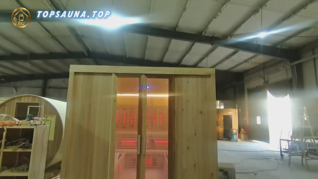 Luxury custom - made electric four - person square - shaped outdoor sauna. It features a modern dry - steam design, is made of redwood, and is suitable for villas. Hover Image