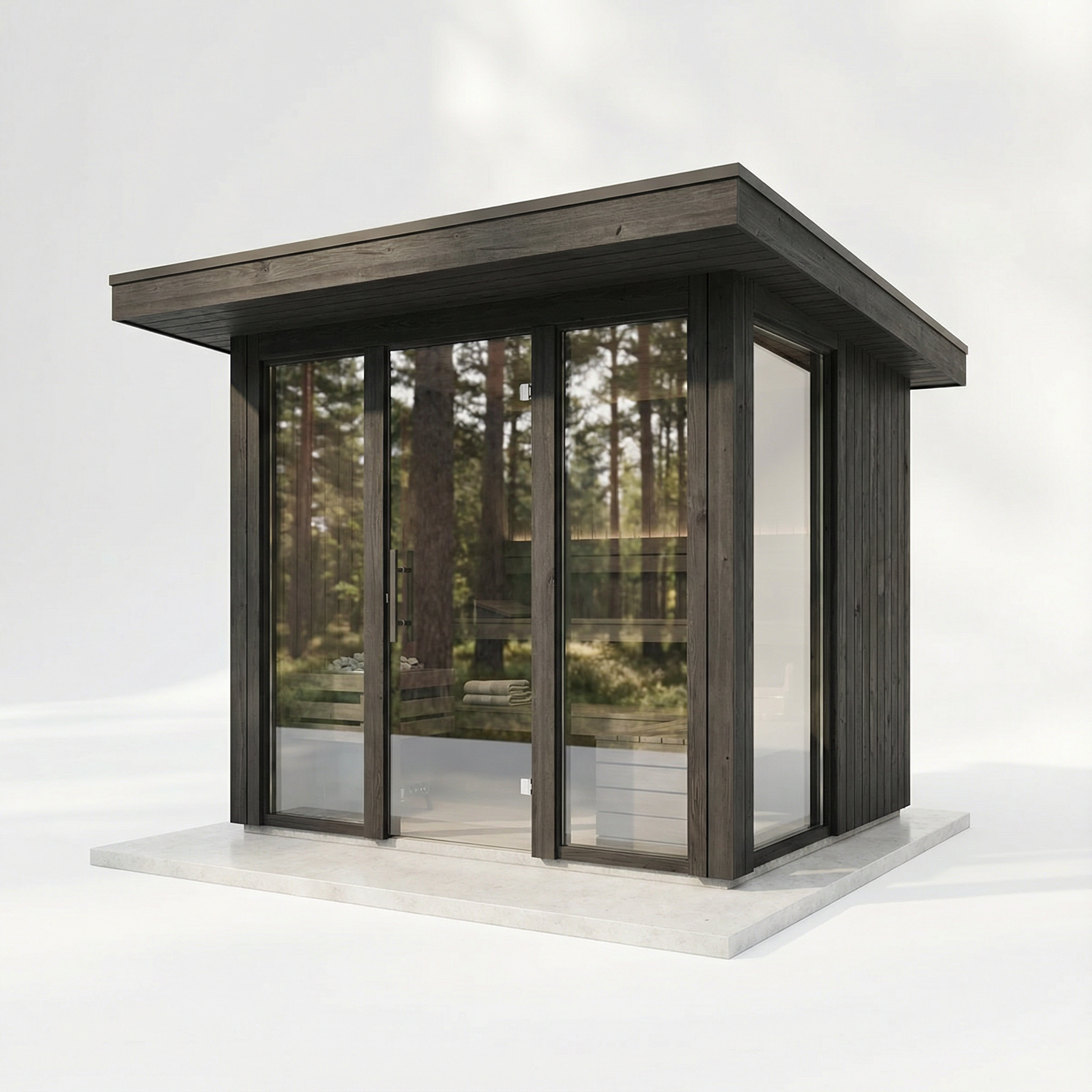 Modern design with panoramic glass walls for an immersive nature experience.